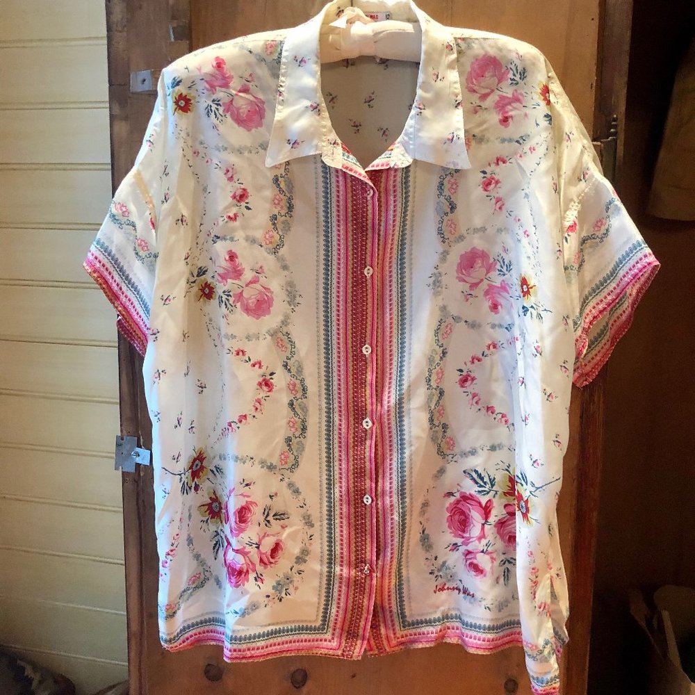 Johnny Was silk collared short sleeve button-down